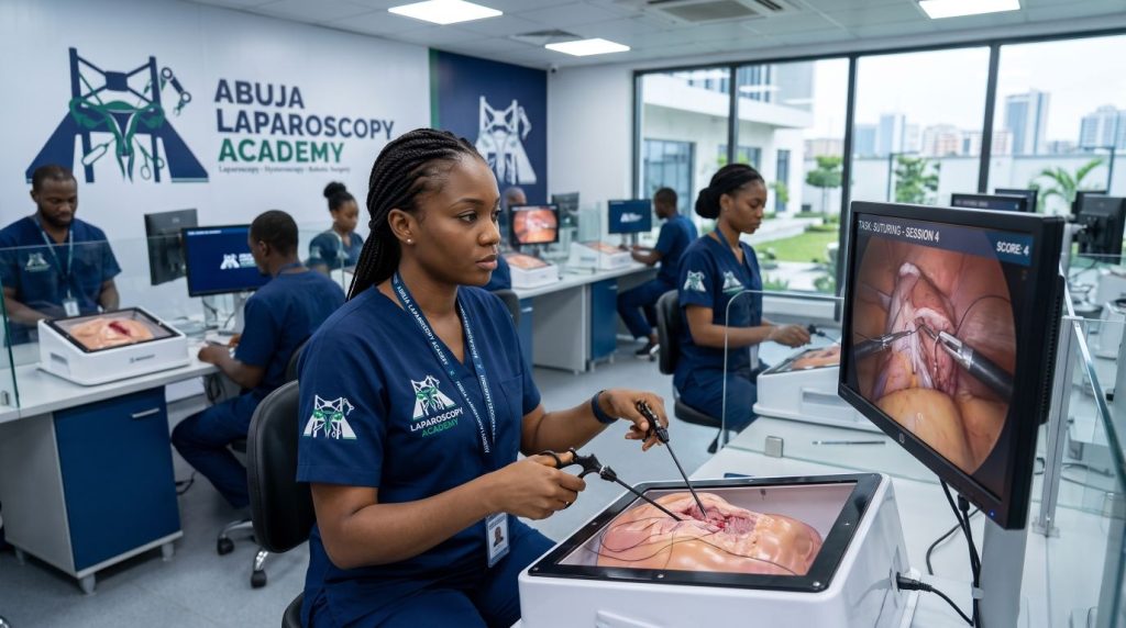 Trainee performing a laparoscopic task on a box trainer at Abuja Laparoscopy Academy